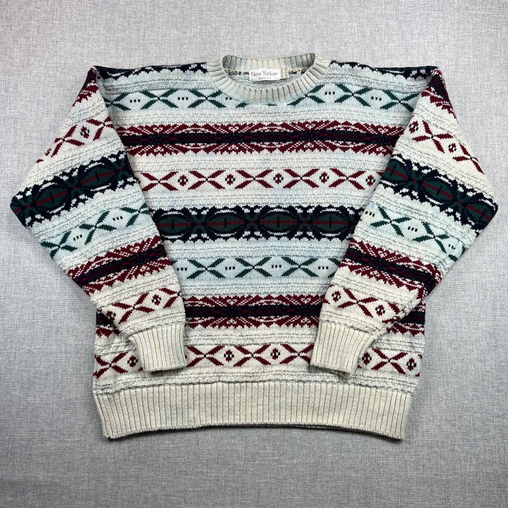 Vintage 90s New Yorker Fair Isle Chunky Cotton Knit Sweater Mens Large Dad USA